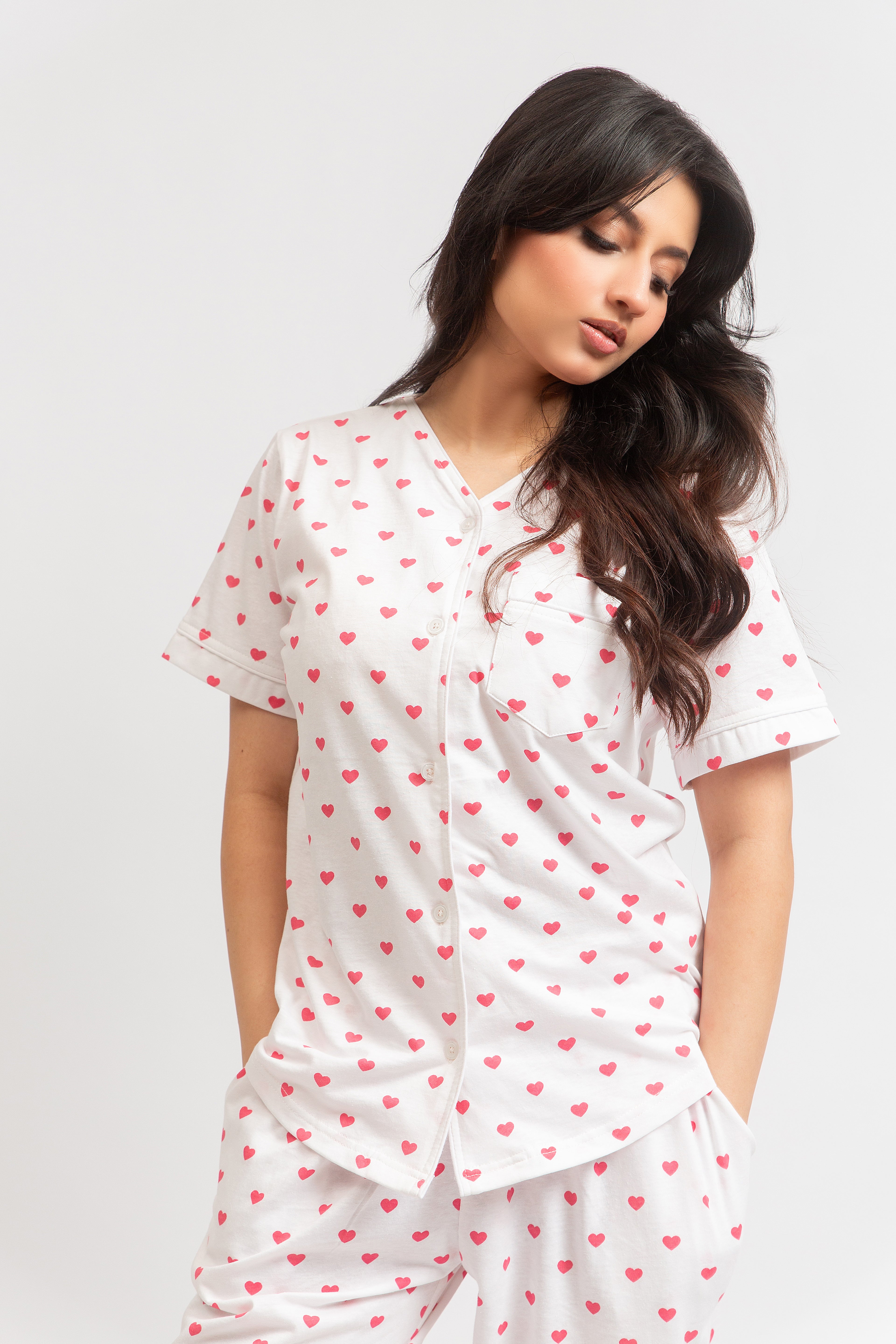 Front Open Pj Set - Pink Heart